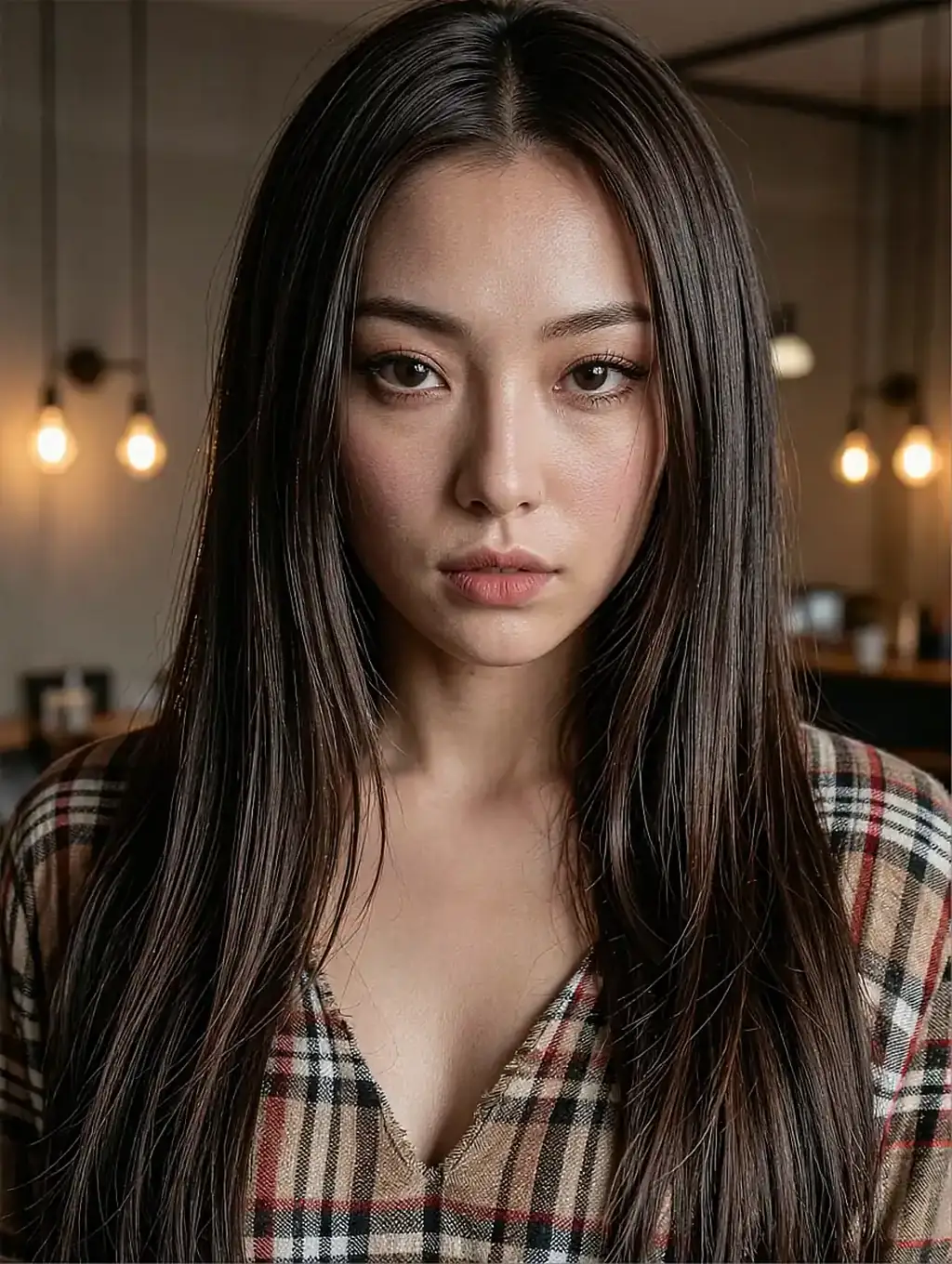 Fictional AI character on the sapphic call page, in a plaid shirt in a café under hanging bulbs