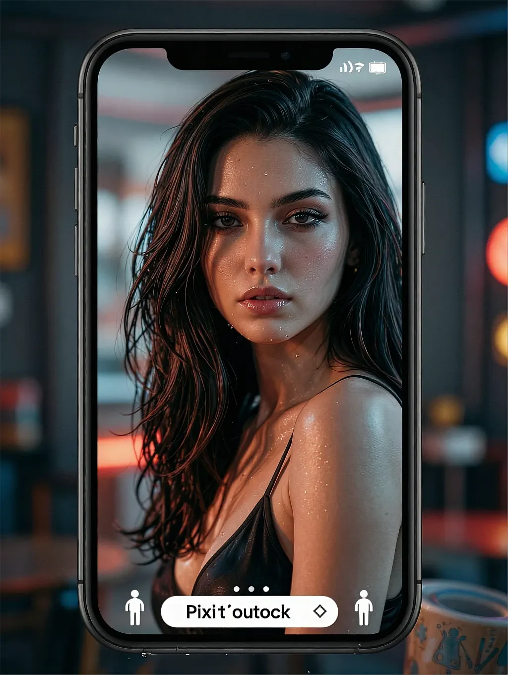 Fictional AI character on the sapphic call page, shown on a phone screen held up in a bright room