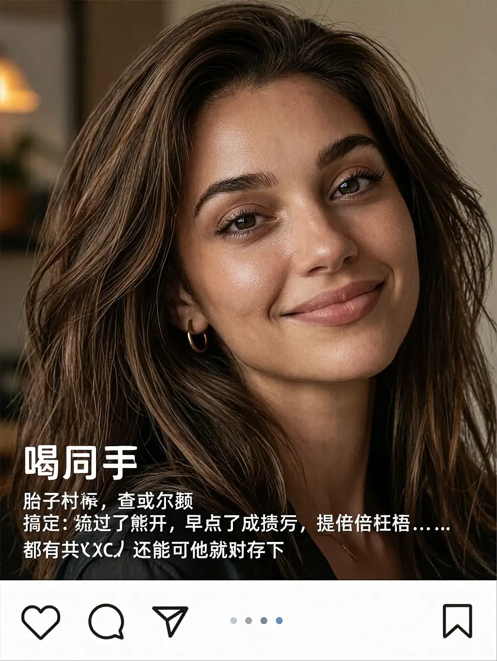 Fictional AI character on the sapphic call page, smiling in a portrait laid out like a social post