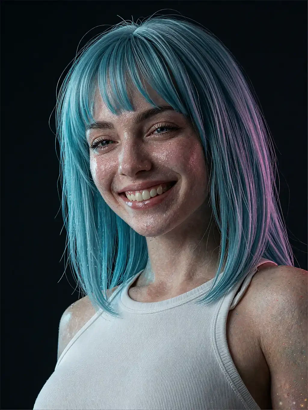 Yuki, a fictional AI character, smiling in a white vest top, her hair dyed blue and pink