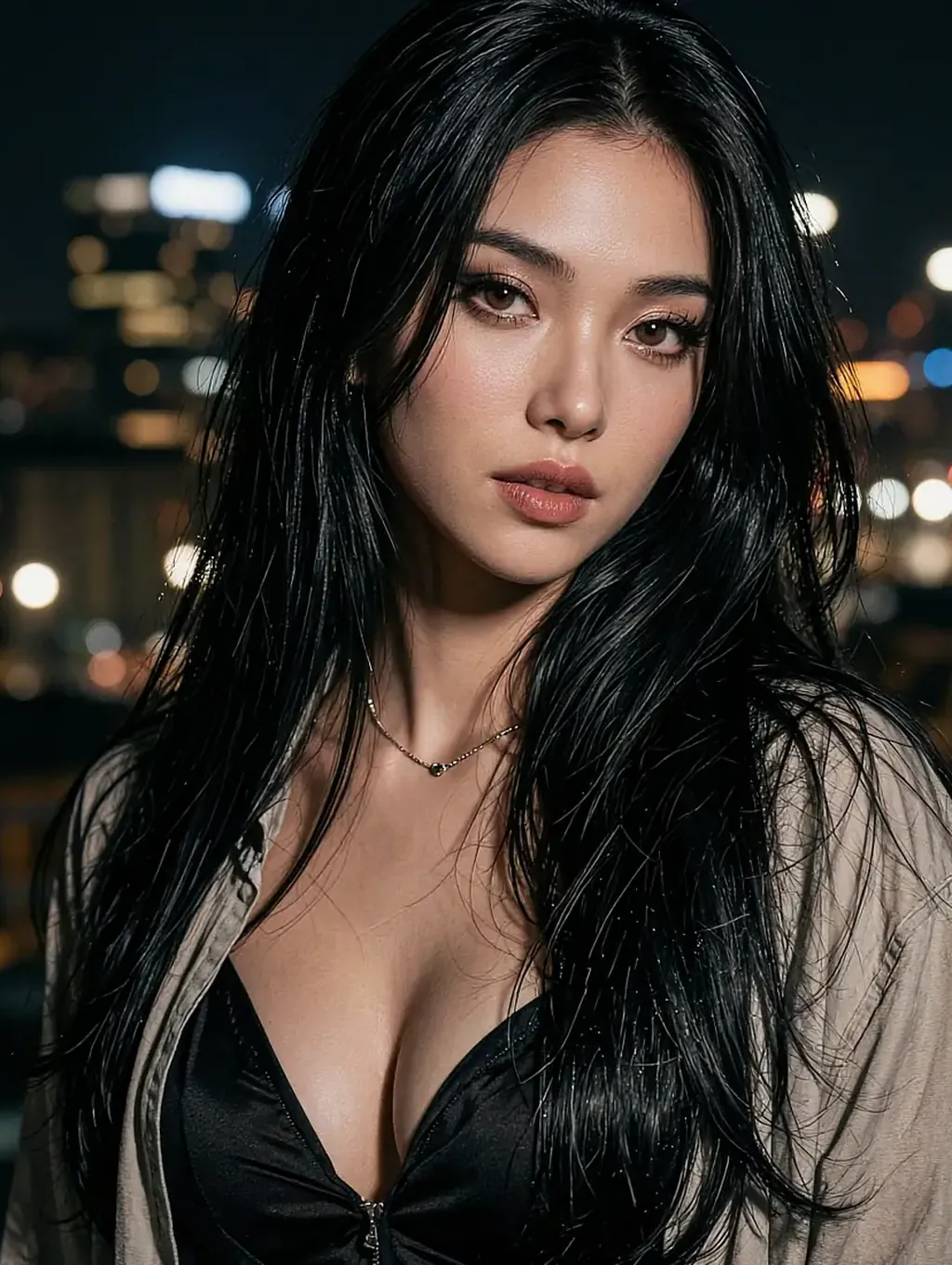Camila, a fictional AI character, in a cream jacket over a black top against blurred city lights