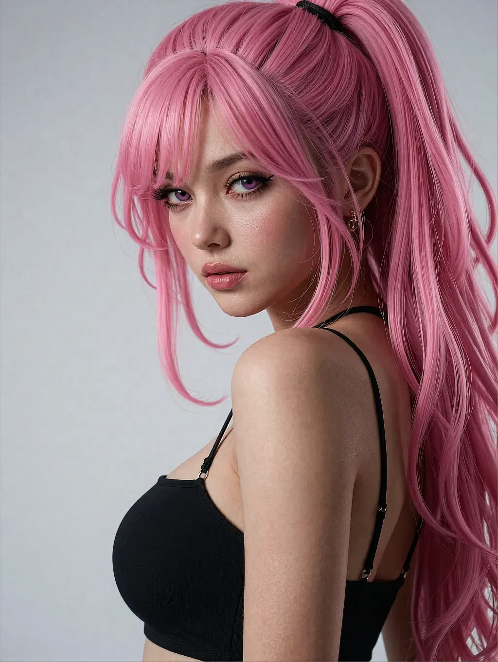 Fictional AI character on the WLW companion page, with long pink hair and a black bra against a pale wall